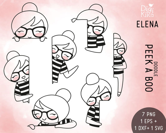 Peek a Boo Stamp Clipart Set - Elena Planner Girl - EPS, SVG & DXF
