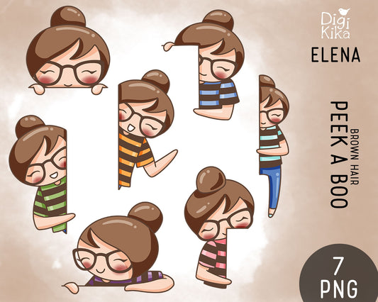 Peek a Boo Clipart Set - Brown Hair, Fair Skin Elena Planner Girl - Instant Download PNG
