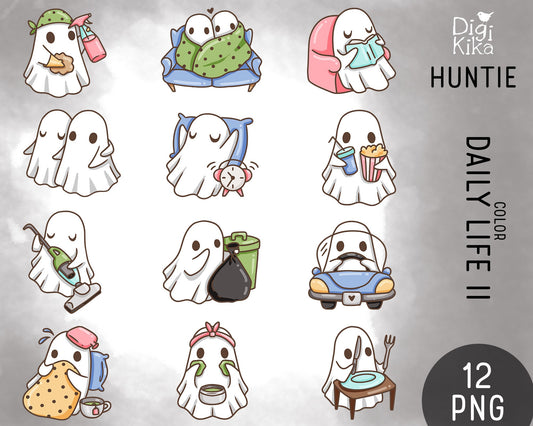 HAUNTIE the Ghost Daily Life Clipart Set 2 – Color Graphics – Digital Transparent PNG