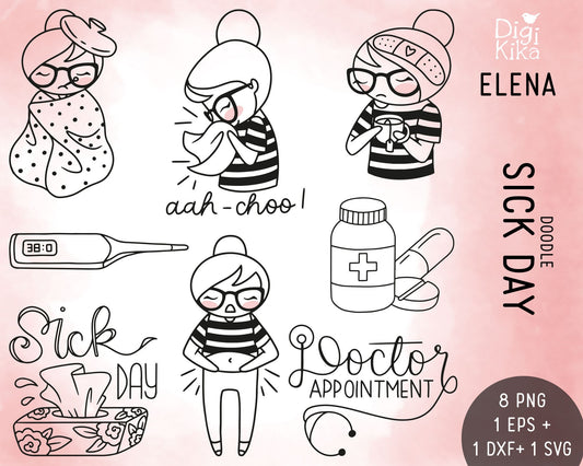 Sick Day Stamp Clipart Set - Elena Planner Girl - EPS, SVG & DXF