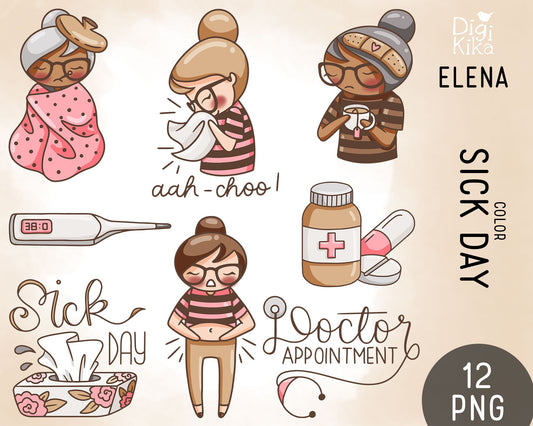 Sick Day Color Clipart Set - Elena Planner Girl - Instant Download