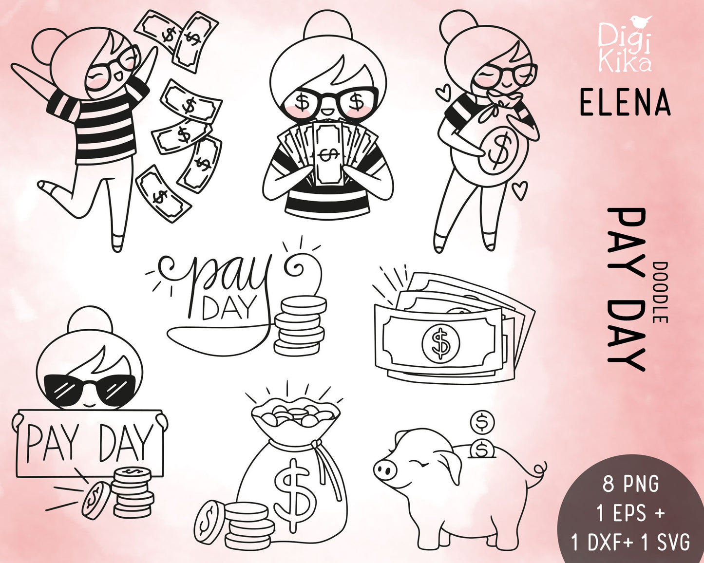 Pay Day Stamp Clipart Set - Elena Planner Girl - EPS, SVG & DXF