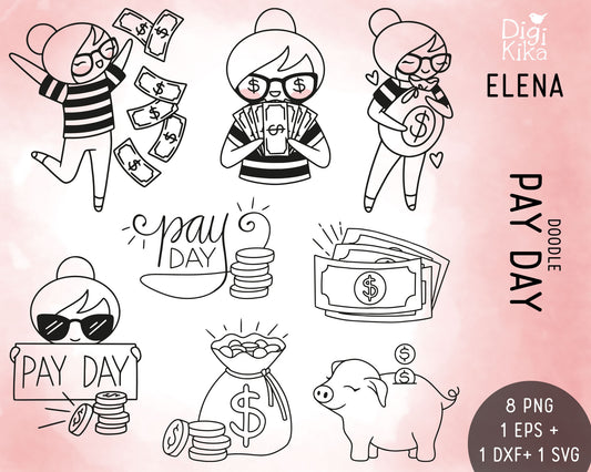 Pay Day Stamp Clipart Set - Elena Planner Girl - EPS, SVG & DXF
