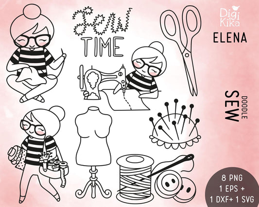 Sewing Clipart Set – Elena the Planner Girl – Crafty Stamp Illustrations