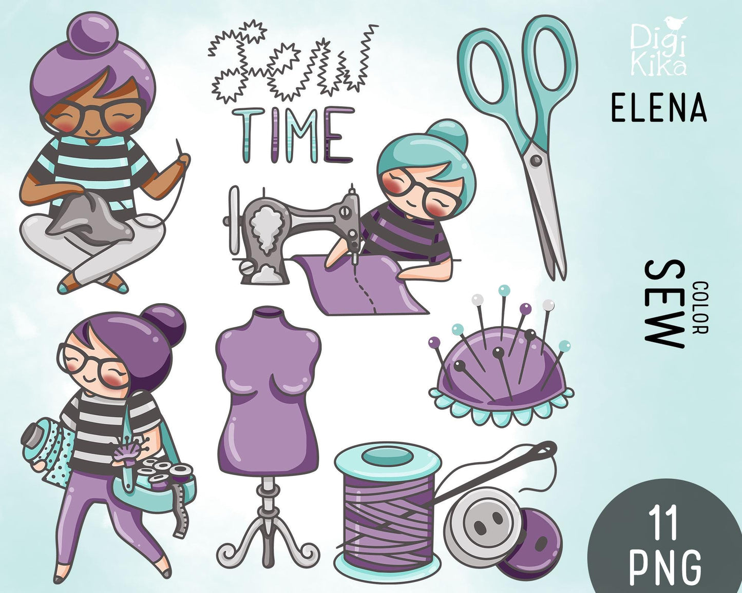 Sewing Clipart Set – Elena the Planner Girl – Crafty Color Illustrations