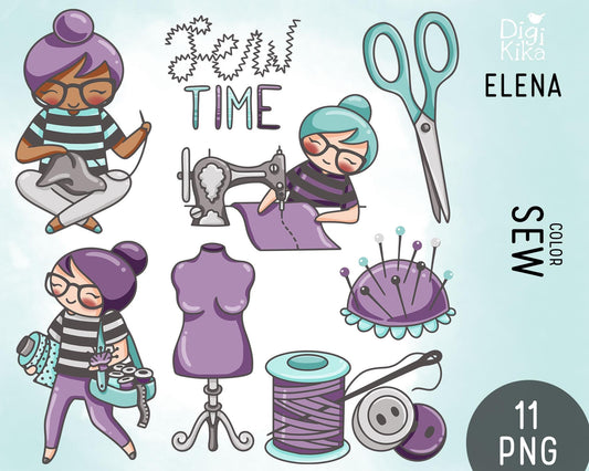 Sewing Clipart Set – Elena the Planner Girl – Crafty Color Illustrations